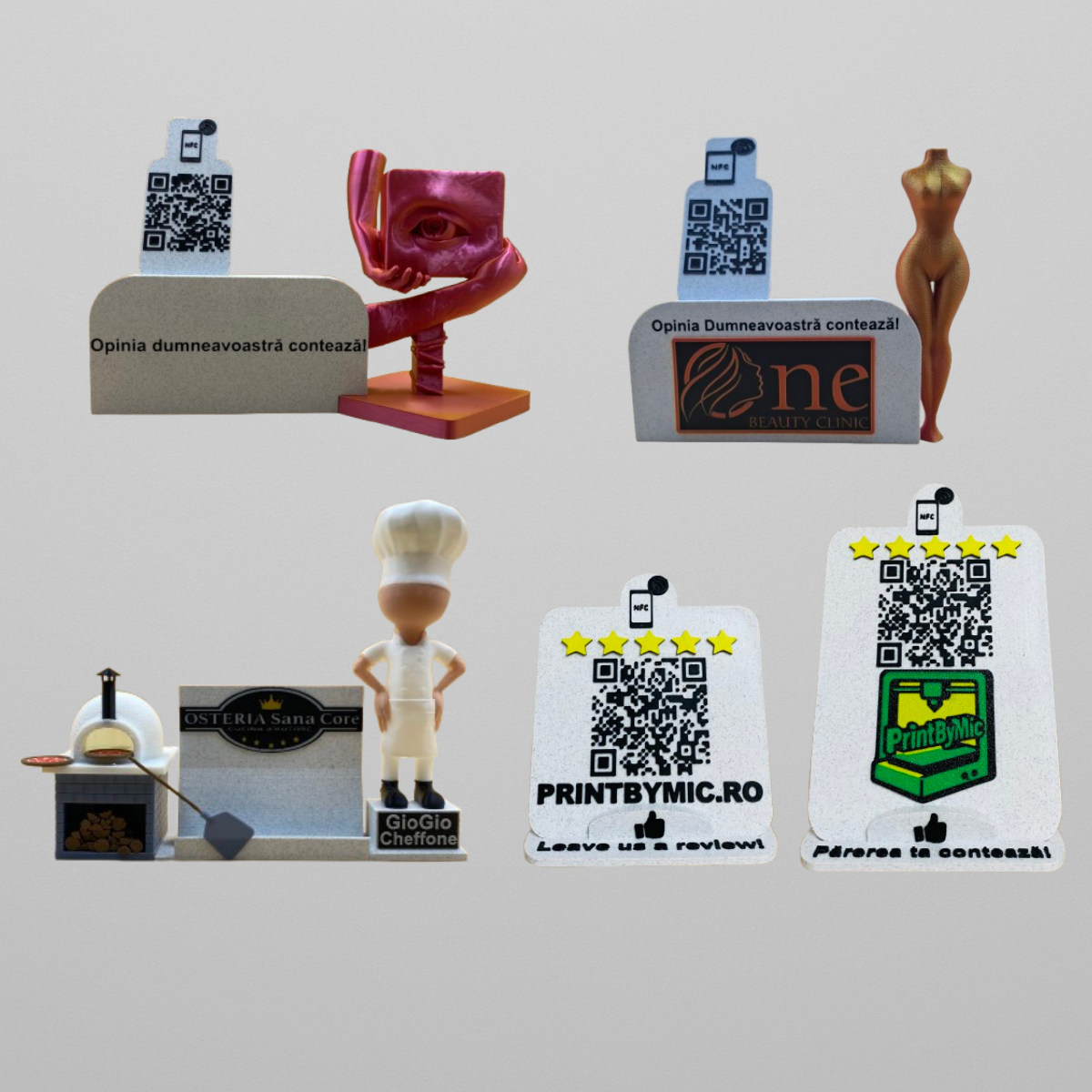 Stand recenzii Google review Personalizabil – cu cod QR, NFC logo brand figurine statuete 3d sau suport cărți de vizită meniu